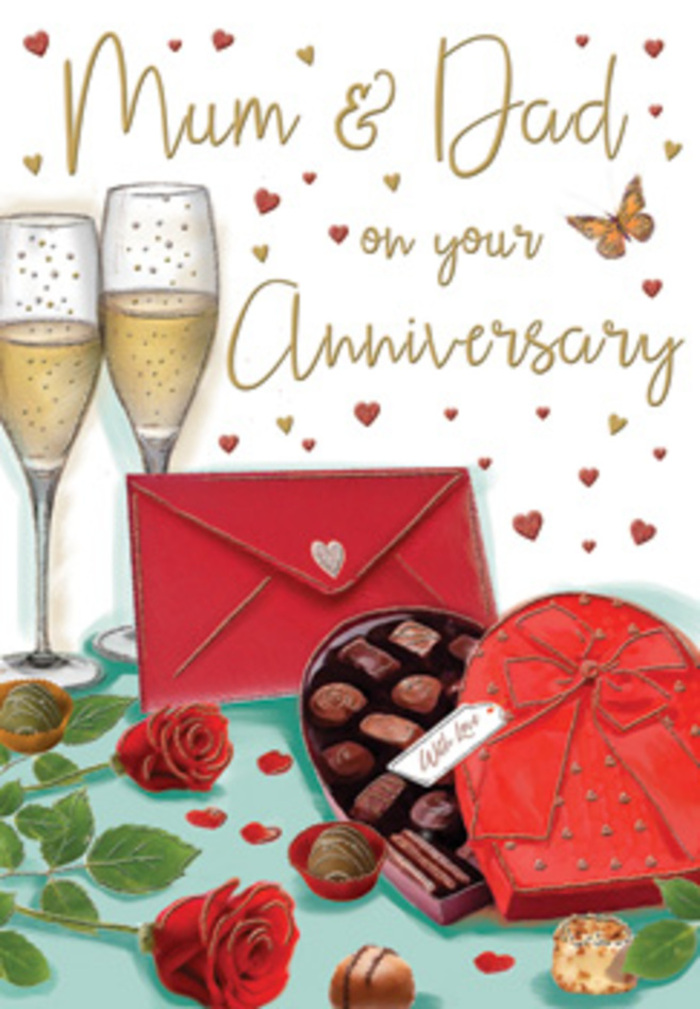 Luxurious anniversary card artwork celebrating parents' love, composed like a still-life set for a special evening in a Stratford home. At the heart of the design is a pair of vibrant red roses, their petals tightly layered and soft-looking, resting casually on a tabletop with stems partly hidden behind lush, dark green leaves. They appear freshly cut, reminiscent of the kind of premium stems chosen early in the morning by Stratford Flowers for local anniversary deliveries. Just in front sits a classic heart-shaped chocolate box, its red surface gleaming with subtle highlights, crowned by a generous, satin-finish red bow whose loops and long ribbons sweep gracefully across the card. The lid is slightly open, revealing rows of neatly nestled chocolates, with a couple of pieces thoughtfully placed outside as if already shared in a quiet moment. Behind this indulgent centrepiece stand two tall champagne flutes, slightly overlapping, filled with sparkling golden champagne. The bubbles are delicately drawn, catching specks of light like the glow of evening reflections you might see through Stratford's café windows. Around them, soft arcs of tiny red and shimmering gold hearts drift upwards, framing the handwritten Mum & Dad greeting with a light, celebratory energy. To the side rests a bold scarlet envelope, lying flat yet prominently angled, its pointed flap sealed and suggesting a heartfelt message inside - perhaps recalling memories from walks near the Olympic Park or family gatherings in local Stratford homes. The overall palette of deep reds, warm creams, and touches of metallic gold creates a cosy, intimate atmosphere that feels both romantic and familiar, like a cherished anniversary ritual shared year after year.