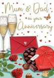 Warm, romantic anniversary card illustration that feels like a lovingly arranged scene set on a table in a Stratford living room. In the foreground, two full-headed red roses lie gently across the surface, their velvety petals and rich green leaves painted with the same care a Stratford florist would give to a hand-tied anniversary bouquet. Nestled beside them is a heart-shaped box of chocolates in a striking shade of red, finished with a luxurious satin bow whose ribbon curves gracefully over the box's edges. The lid is propped open so the viewer can see neat rows of chocolates inside, with a few truffles scattered invitingly in front, suggesting they are meant to be slowly savoured together. Just behind, two tall, elegant champagne flutes stand side by side, each filled with pale golden champagne. The tiny bubbles seem to dance upward, catching soft highlights that hint at a gentle, indoor glow - the sort of welcoming light you might see spilling from a Stratford terrace at dusk. Floating across the warm-toned background are delicate red and metallic gold hearts, some clustered near the handwritten words Mum & Dad, giving the impression of affection radiating outward. To one side, a deep red envelope lies ready to be opened, its neatly sealed flap hinting at tender, handwritten sentiments inside. The composition balances romance and comfort, evoking the scent of fresh roses, the clink of glassware, and the cosy feeling of parents celebrating another year together within the familiar streets and homes of Stratford.